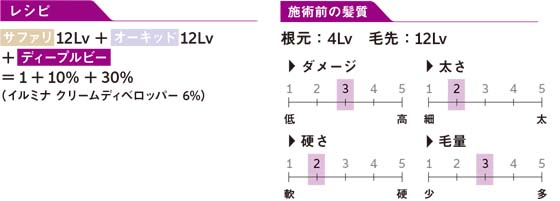 レシピ サファリ 12Lv + オーキッド 12Lv + ディープルビー = 1 + 10% + 30%（イルミナ クリームディベロッパー 6%） 施術前の髪質 根元：4Lv 毛先：12Lv ダメージ：普通 太さ：やや細い 硬さ：やや軟らかい 毛量：普通