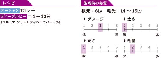レシピ オーシャン 12Lv + ディープルビー = 1 + 10%（イルミナ クリームディベロッパー 3%） 施術前の髪質 根元：8Lv 毛先：14 ~ 15Lv ダメージ：普通 太さ：細い 硬さ：軟らかい 毛量：やや少ない