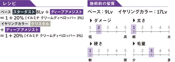 レシピ ベース スターダスト 8Lv + ディープアメジスト = 1 + 20%（イルミナ クリームディベロッパー 3%）イヤリングカラー クリスタル + ディープアメジスト = 1 + 20%（イルミナ クリームディベロッパー 3%） 施術前の髪質 ベース：9Lv イヤリングカラー：17Lv ダメージ：やや低い 太さ：細い 硬さ：軟らかい 毛量：普通