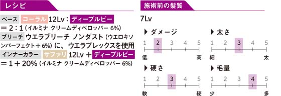 レシピ ベース コーラル 12Lv：ディープルビー = 2：1（イルミナ クリームディベロッパー 6%）ブリーチ ウエラブリーチ ノンダスト（ウエロキソンパーフェクト + 6%）に、ウエラプレックスを使用 インナーカラー サファリ 12Lv + ディープルビー = 1 + 20%（イルミナ クリームディベロッパー 6%） 施術前の髪質 7Lv ダメージ：やや低い 太さ：普通 硬さ：普通 毛量：やや多い