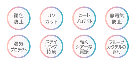 褪色防止 UVカット ヒートプロテクト 静電気防止 湿気プロテクト スタイリング持続 軽くシアーな質感 フルーツカクテルの香り