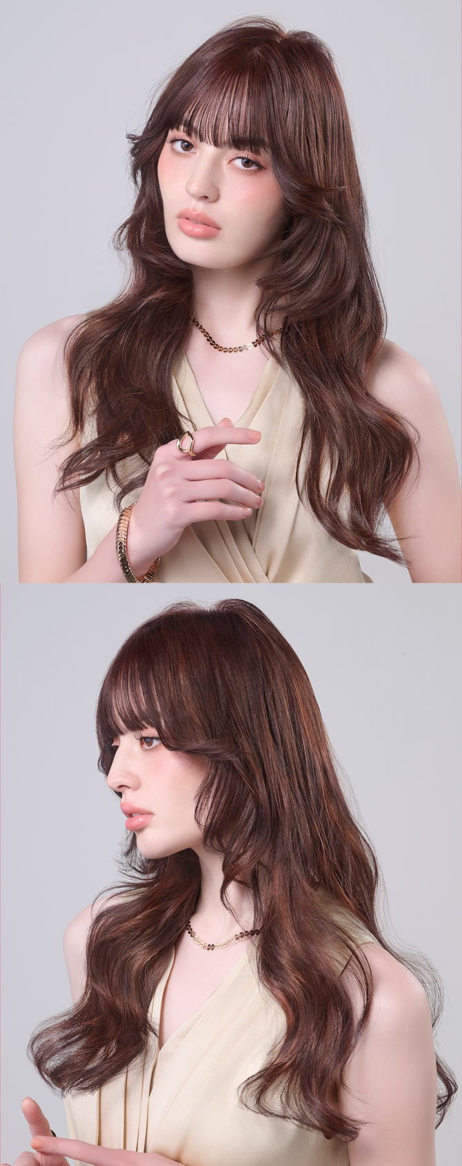 アッシュ系でカラーしたロングヘアの女性