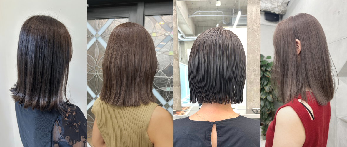 アッシュ・グレー系ハイトーンカラーにしている4人の女性の後ろ姿と横からみた姿をカラーリングイメージとしたコラージュ画像