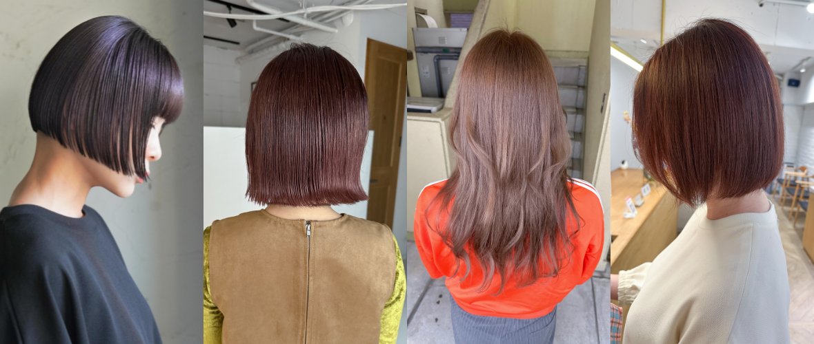 ピンク・パープル系ハイトーンカラーにしている4人の女性の後ろ姿と横からみた姿をカラーリングイメージとしたコラージュ画像