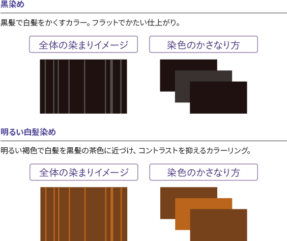 黒染め、黒髪で白髪を隠すカラー。フラットでかたい仕上がり。明るい白髪染め。明るい褐色で白髪を黒髪の茶色に近づけ、コントラストを抑えるカラーリング